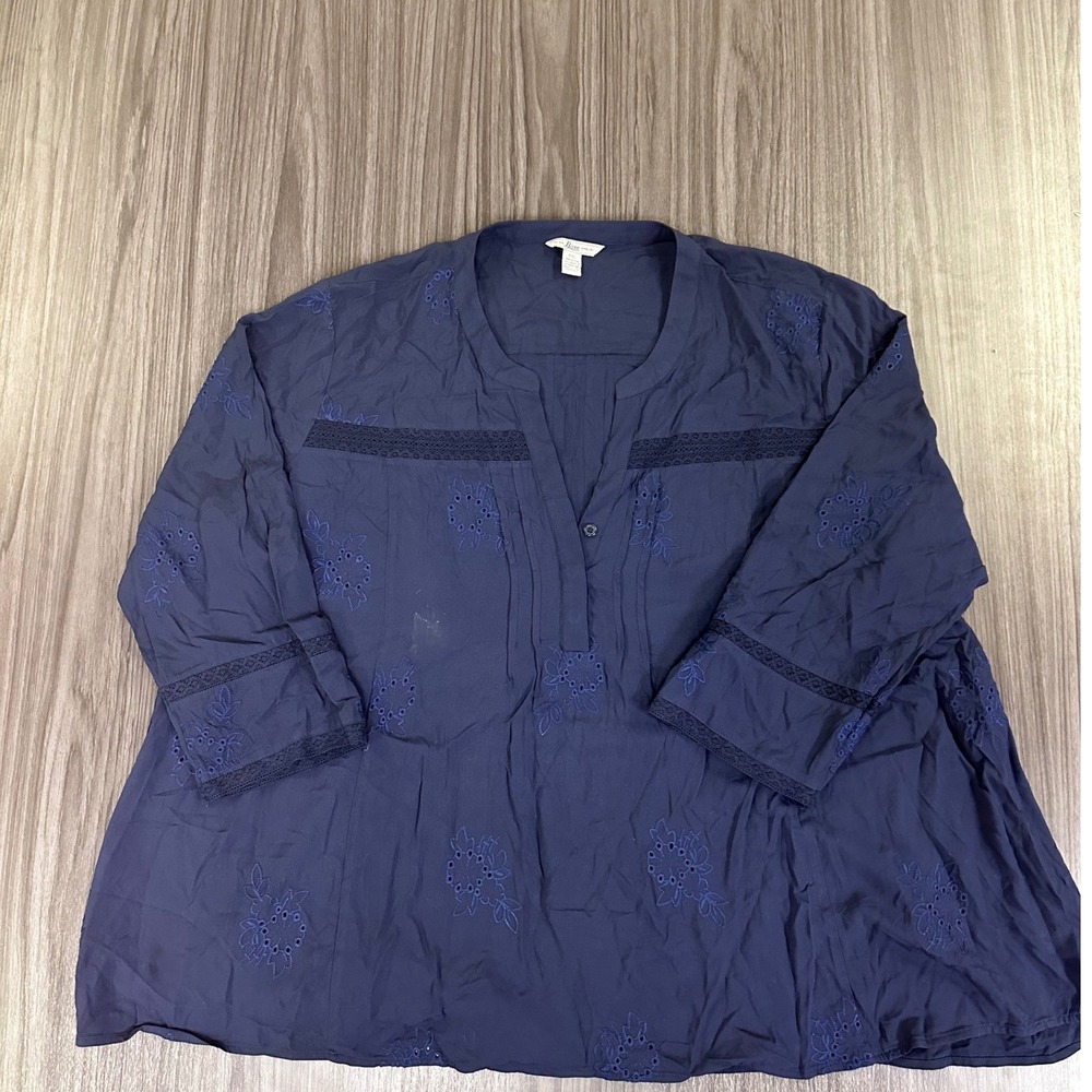 G.H. Bass Women XXL Navy Blue Eyelet Embroidered Lace Trim Rayon Blouse Boho